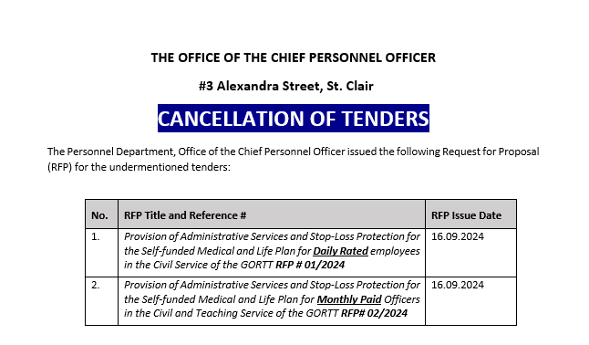 CANCELLATION OF TENDERS